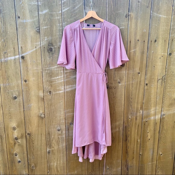 Mauve Pink "Polka Dot" Triangle Print Midi Wrap Dress 🌿 - Picture 9 of 13